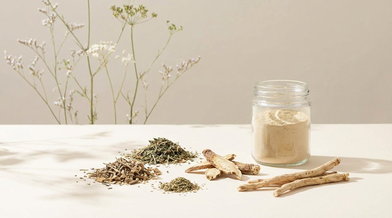 Poudre de racine d'Ashwagandha dans un bol en céramique