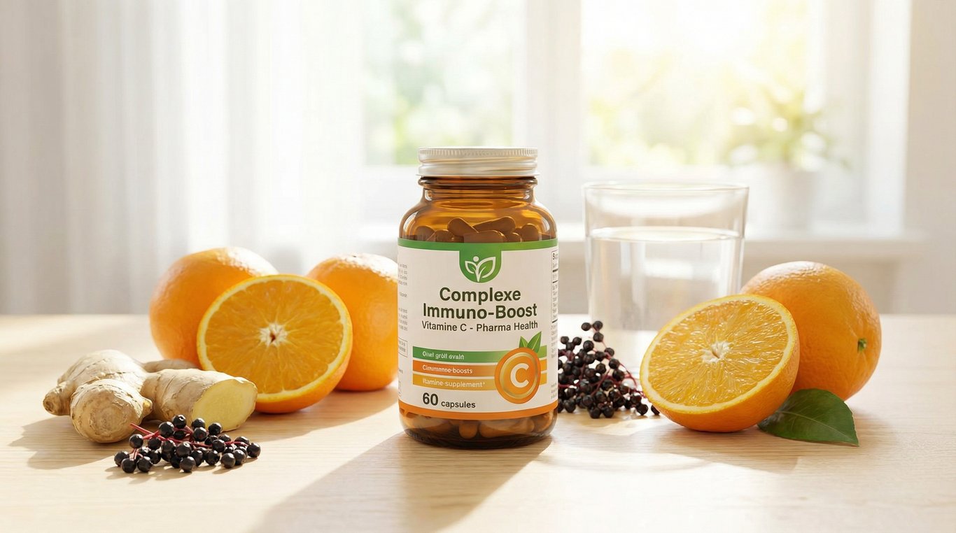 Flacon en verre ambré du Complexe Immuno-Boost Vitamine C avec fruits d'agrumes frais
