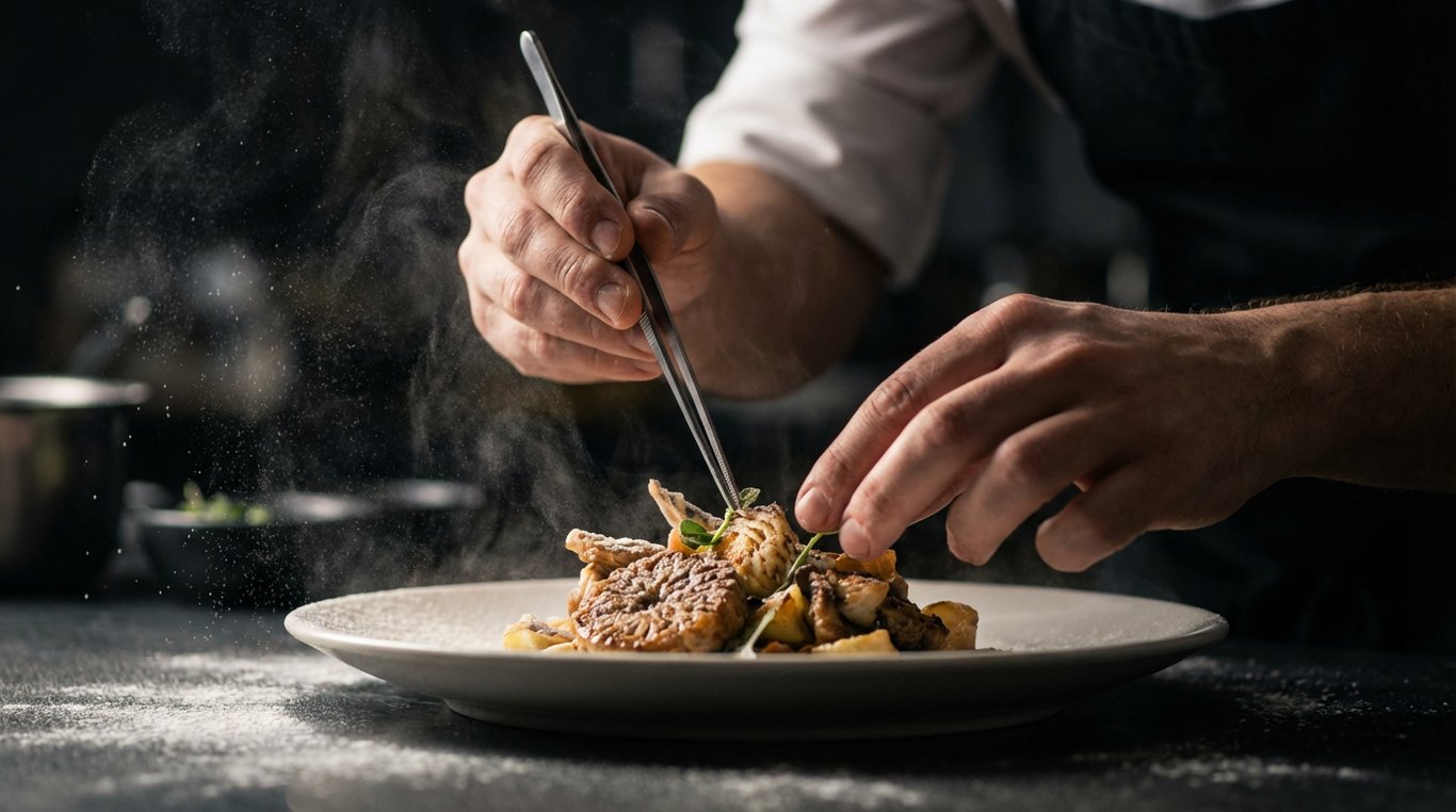 Chef dressant une assiette gastronomique en clair-obscur