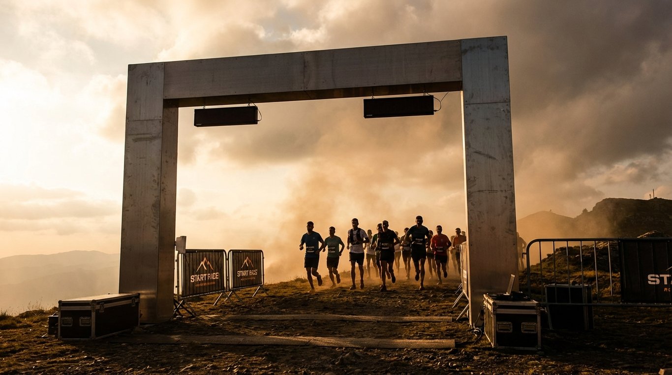 Trois podiums de roche sombre éclairés par une lumière néon orange représentant les niveaux d'abonnement Chrono Trail