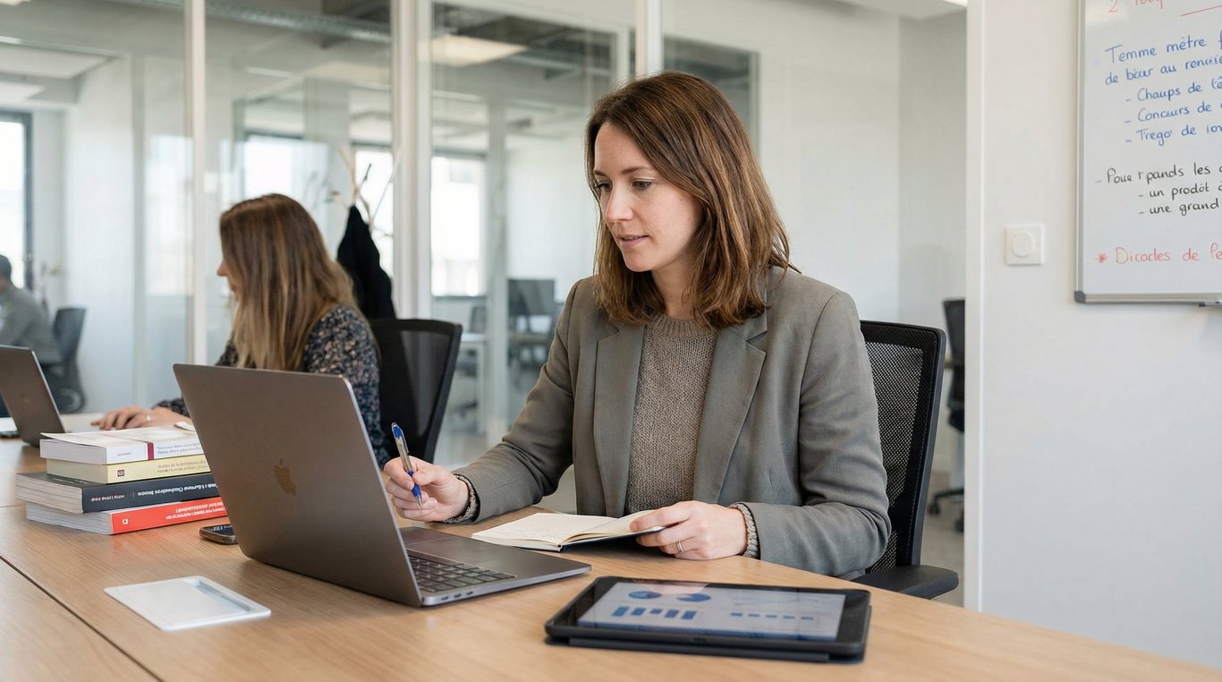 Portrait de Sophie Martin, responsable contenu, en noir et blanc, style corporate sérieux