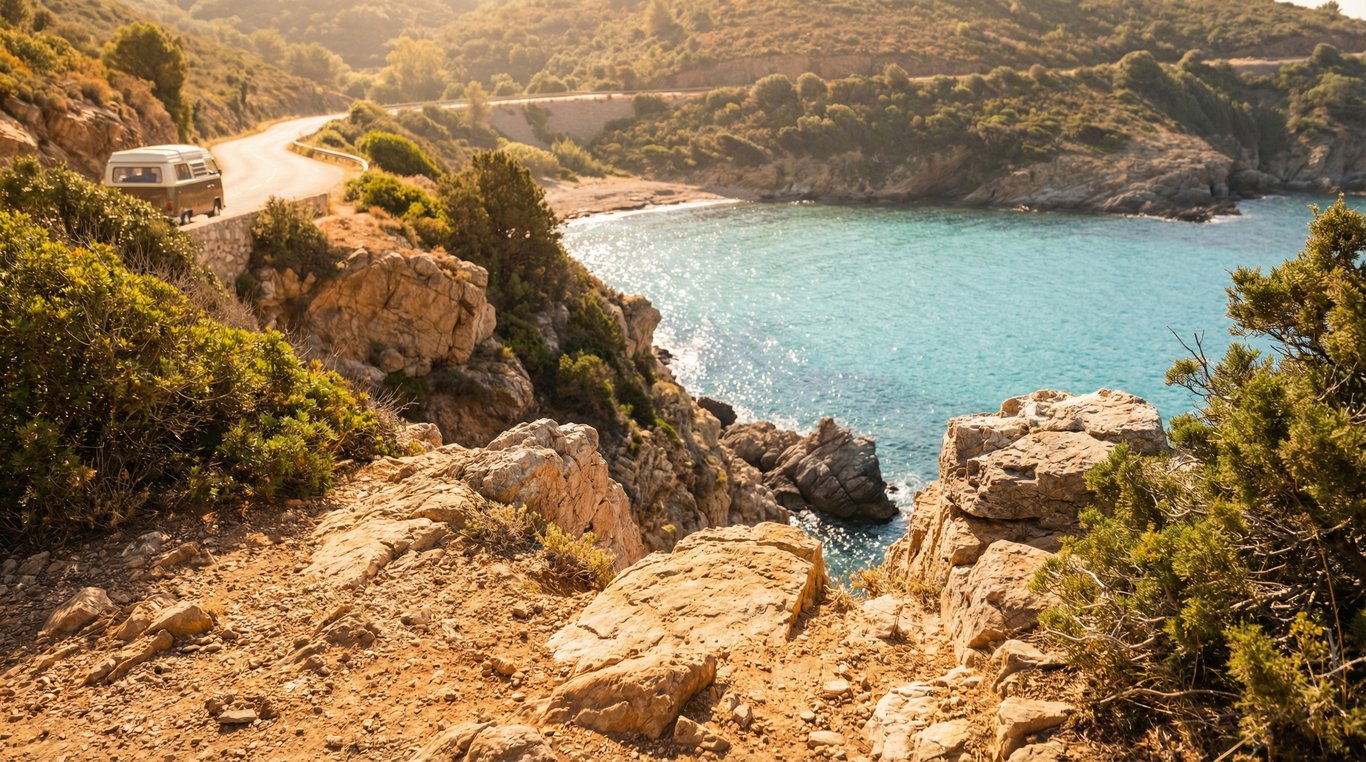 Route côtière sinueuse avec un van vintage garé en bord de mer au coucher du soleil