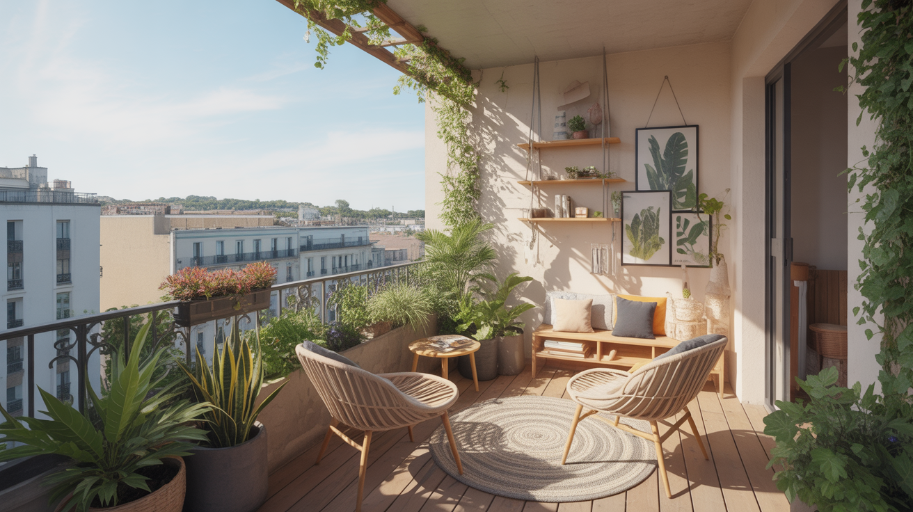 Illustration chaleureuse d'un petit balcon parisien envahi de plantes en pots terracotta, ambiance cosy et café du matin