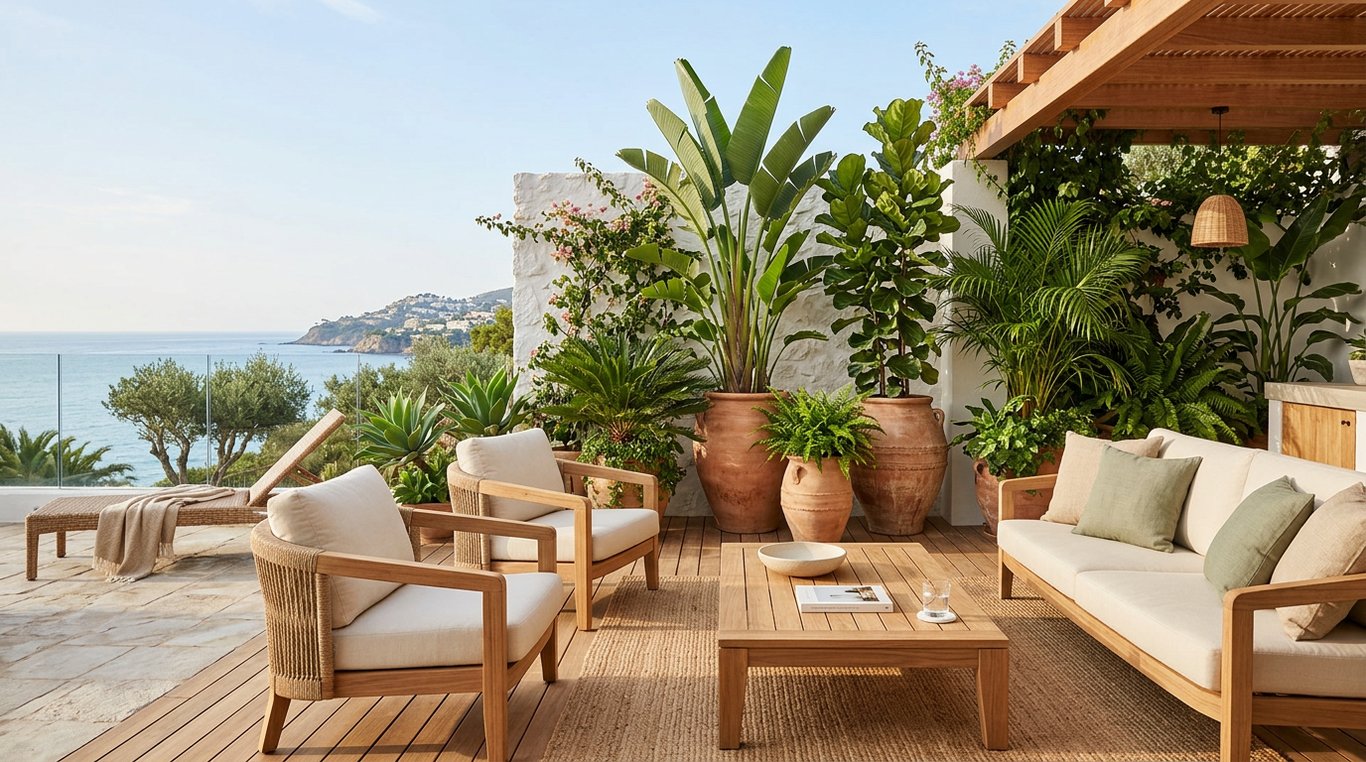 Terrasse luxueuse avec mobilier en teck et plantes tropicales au soleil matinal