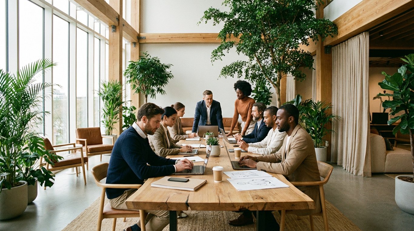 Équipe de consultants Terra Iko analysant des données environnementales dans un bureau moderne et lumineux