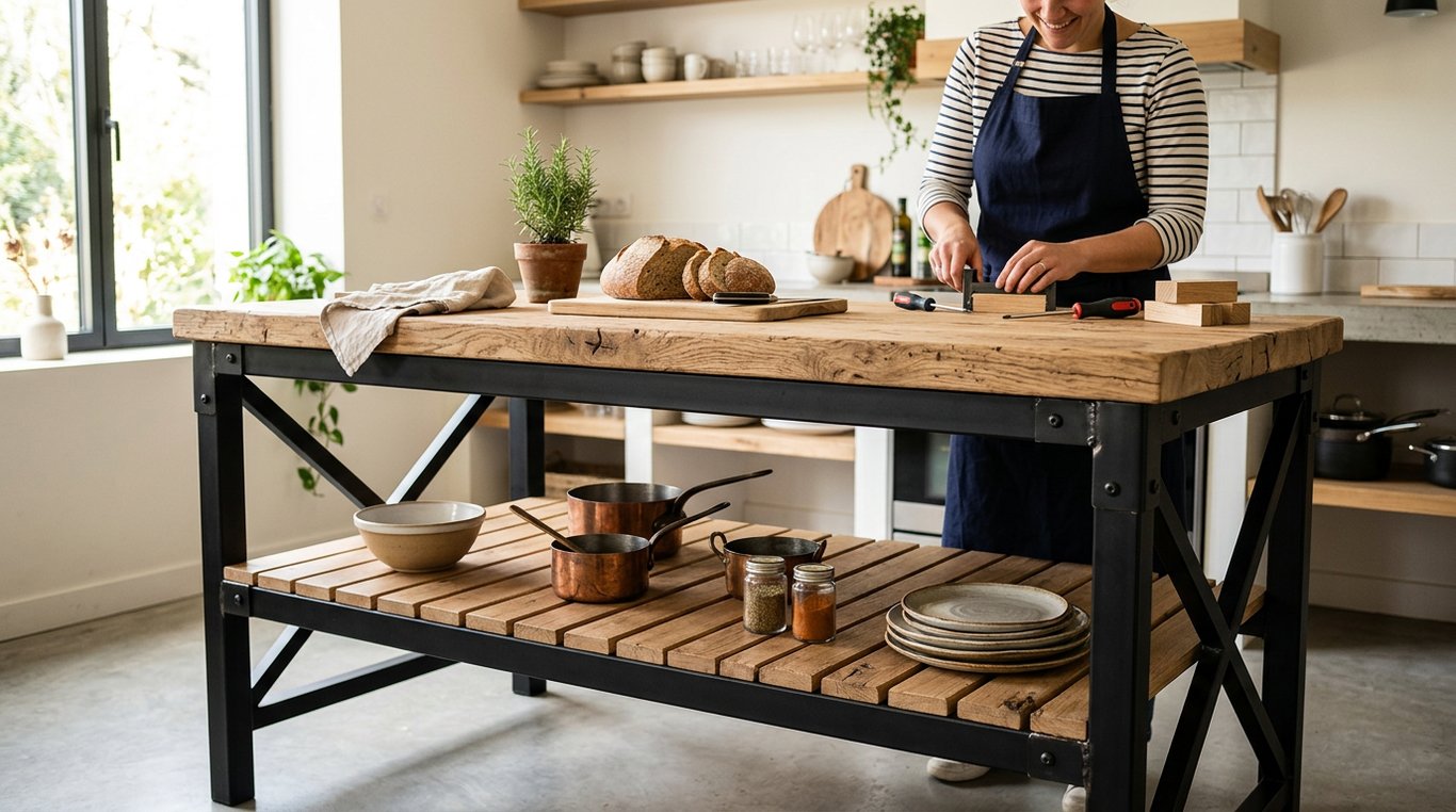 Vue isométrique éclatée d'un meuble de cuisine style industriel