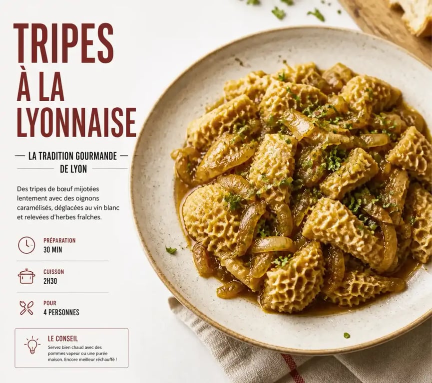 Assiette de tripes à la lyonnaise traditionnelle avec oignons caramélisés et persil
