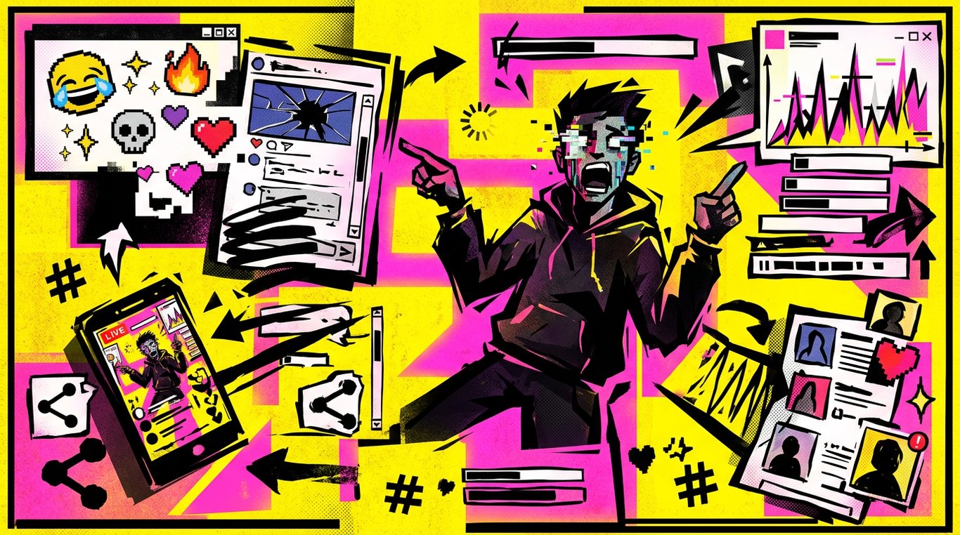 Collage numérique stylisé néo-brutaliste représentant la culture virale avec des éléments d'interface déformés