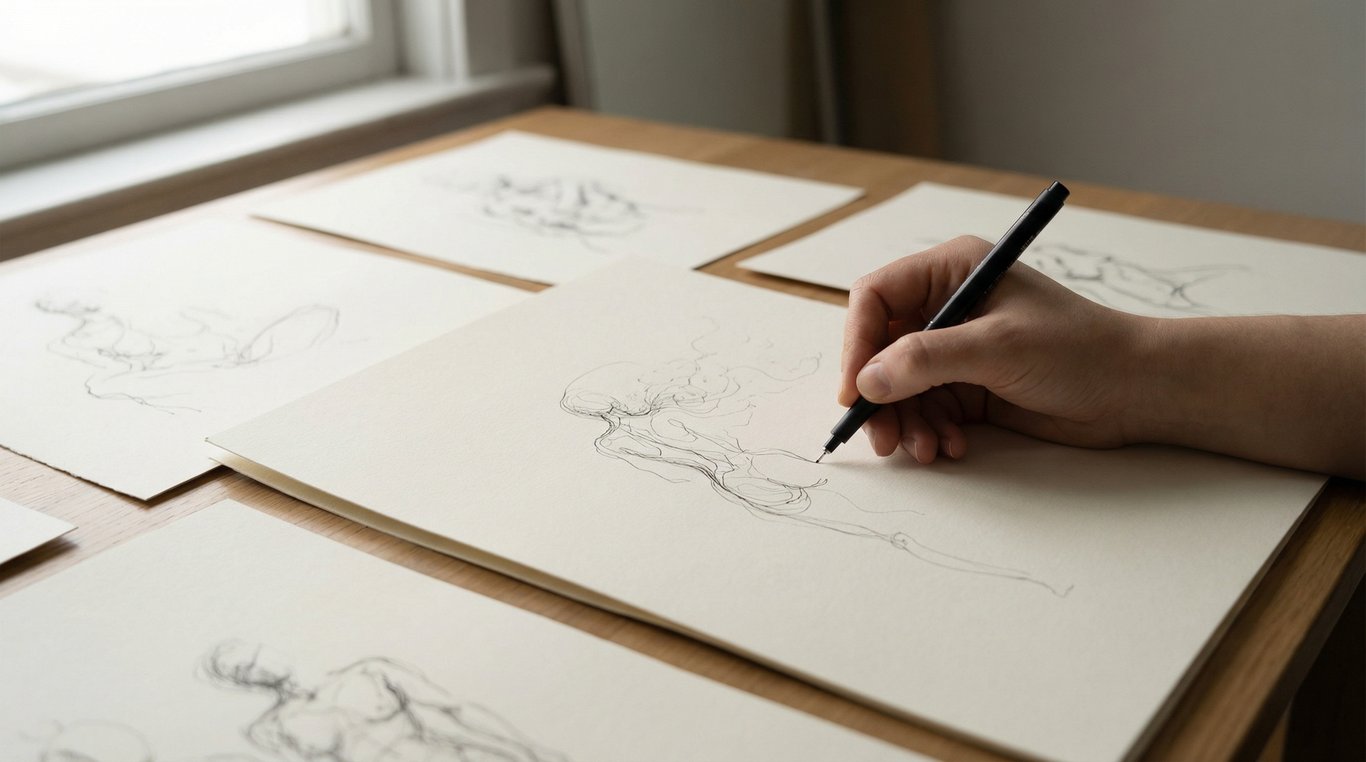 Portrait en noir et blanc de Léa Fontaine dans son atelier avec des croquis sur un mur