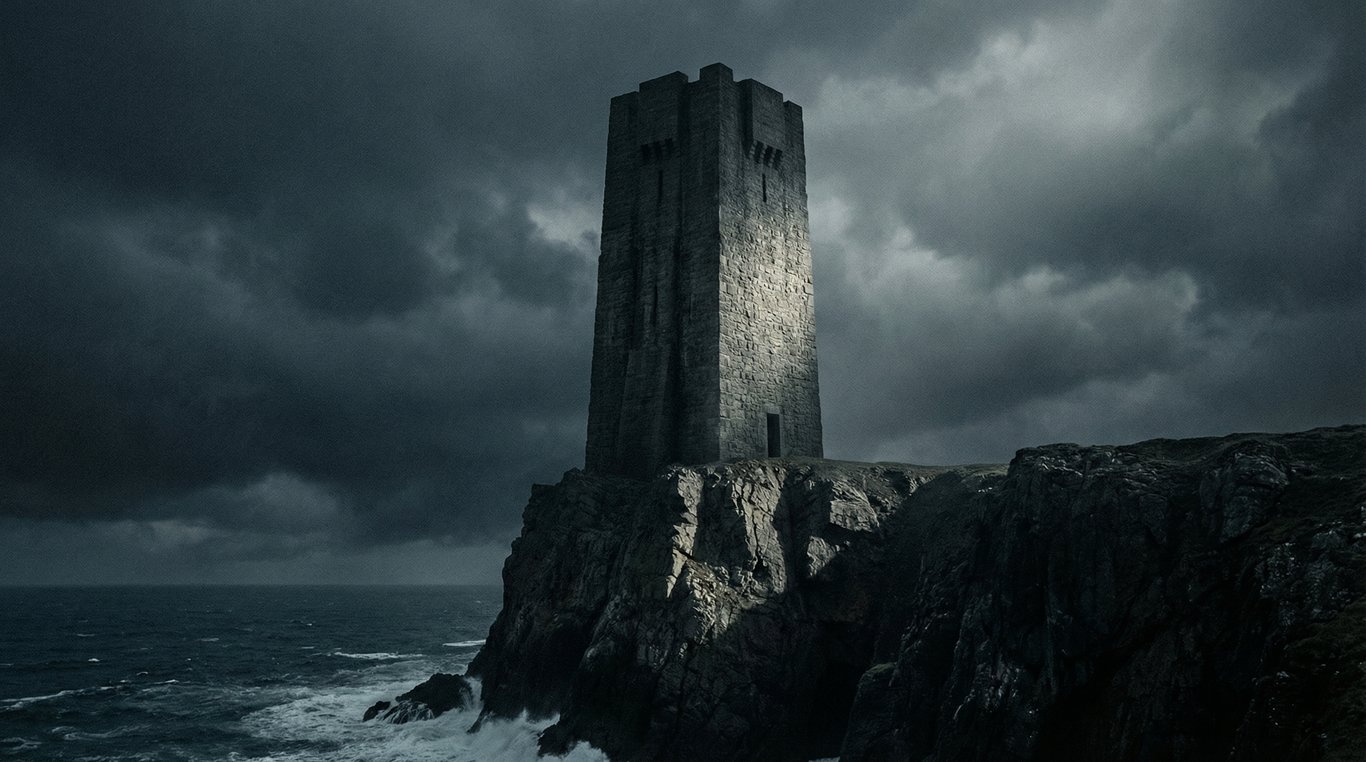 Maquette architecturale d'une tour noire rectangulaire sur fond rose vif, éclairage studio dur, ombres portées nettes