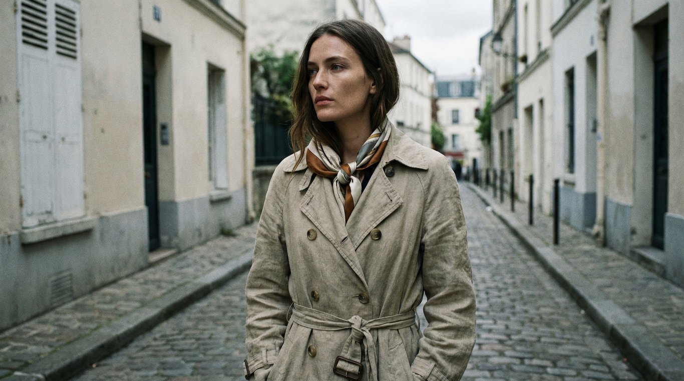 Photographie éditoriale de mode montrant une femme vêtue d'un trench-coat vintage intemporel dans une ruelle parisienne