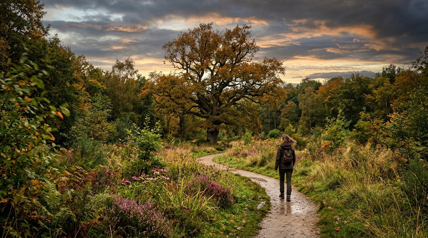 Parc privé entretenu avec végétation diversifiée et cheminement naturel vers les arbres.
