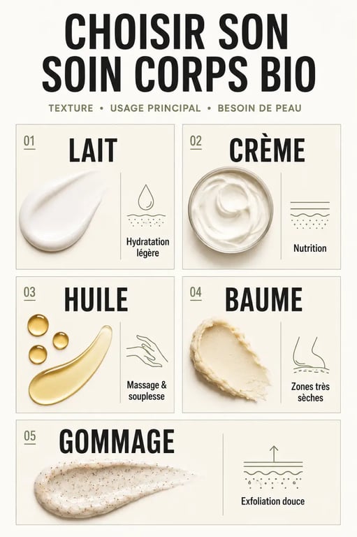 Tableau visuel pour choisir un soin corps bio selon la texture et le besoin de peau