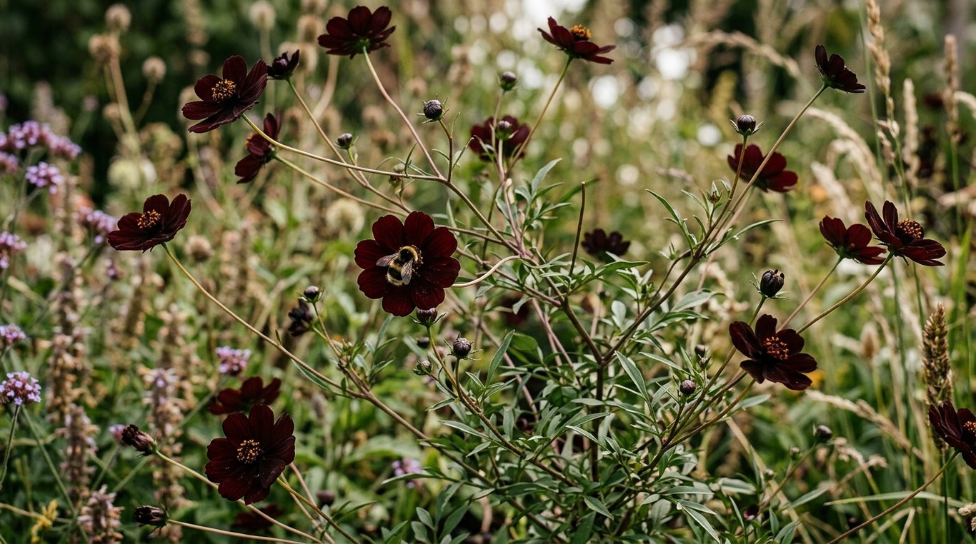 Cosmos aux pétales sombres et veloutés, image inspirée d'une variété florale rare pour créer une bordure vivante.