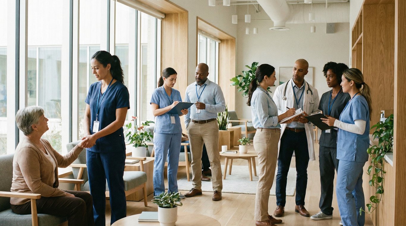 Portrait de groupe de l'équipe médicale de Soins Éthique dans le jardin du centre, souriants et professionnels