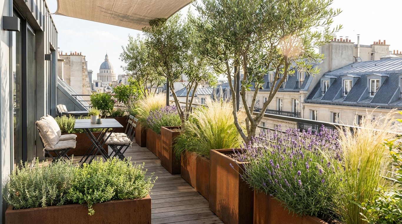 Jardin urbain moderne avec bacs en corten et oliviers sous un ciel doré