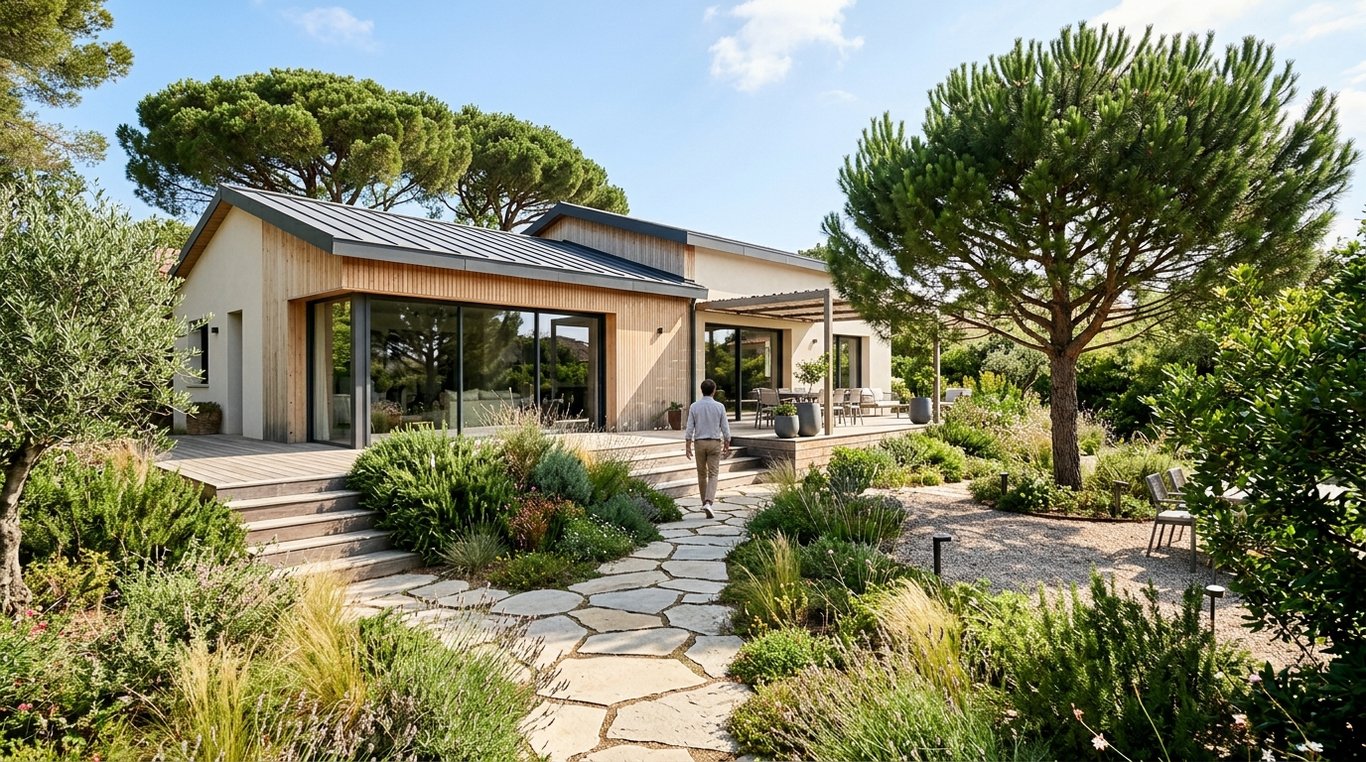 Aménagement d'un jardin urbain avec coin feu