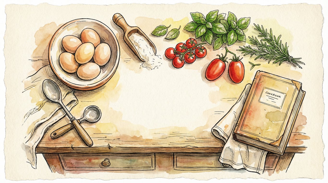 Plan de travail de cuisine rustique avec ingrédients dessinés à la main