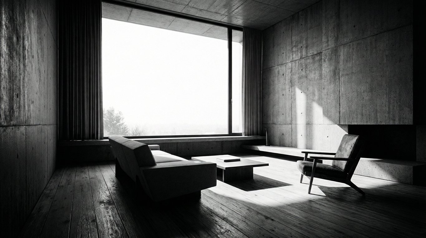 Intérieur de loft spacieux en noir et blanc, minimaliste