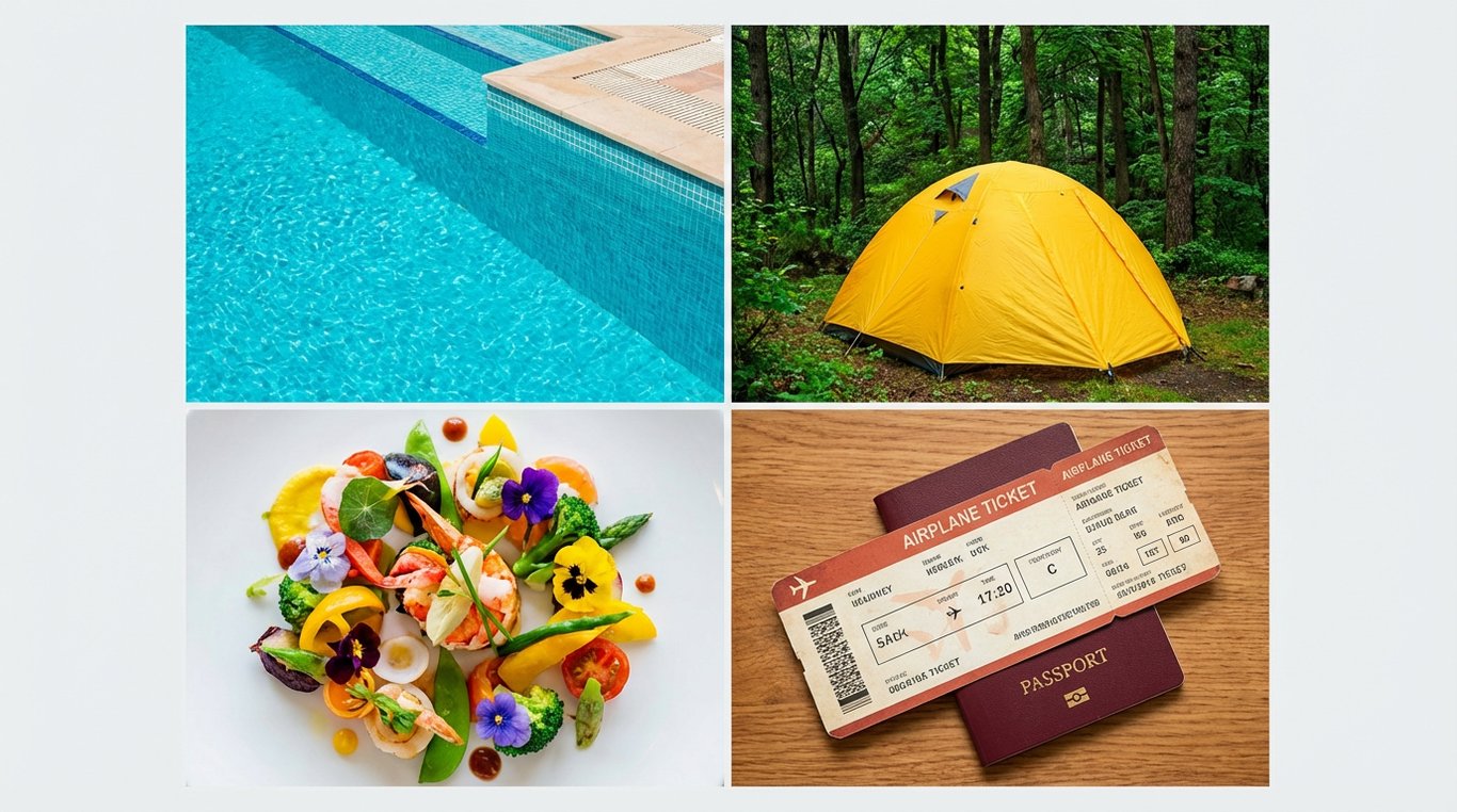 Composition bento grid de vacances avec piscine, tente et gastronomie