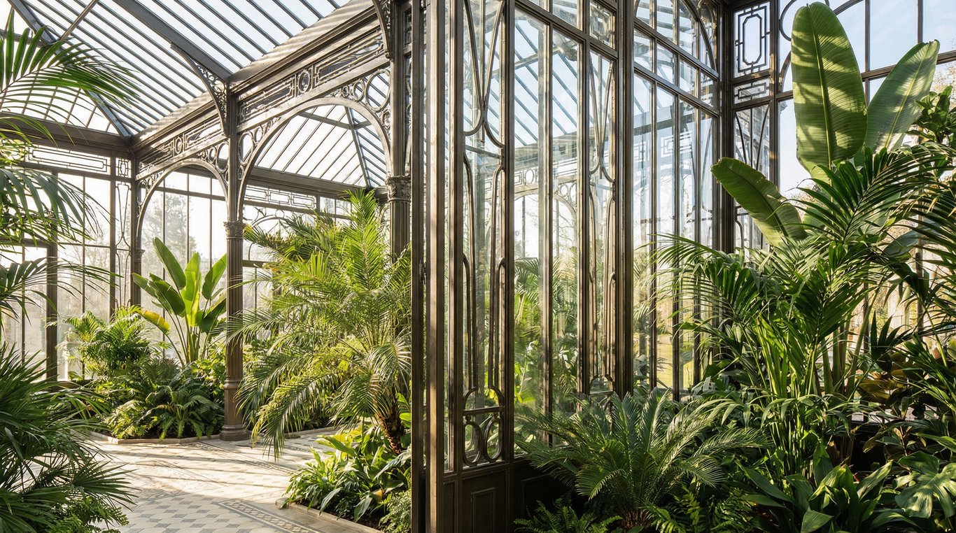 Photo après avec serre Art Déco en verre et fer forgé