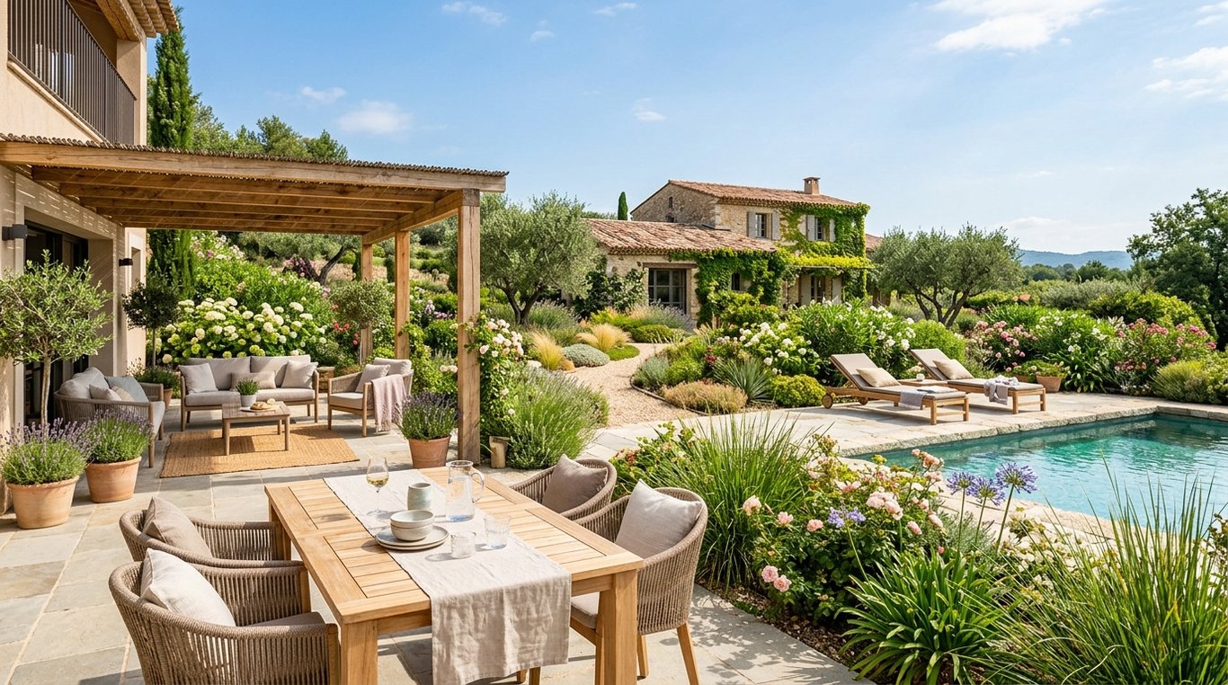 Jardin contemporain ensoleillé avec végétation dense et pergola en bois