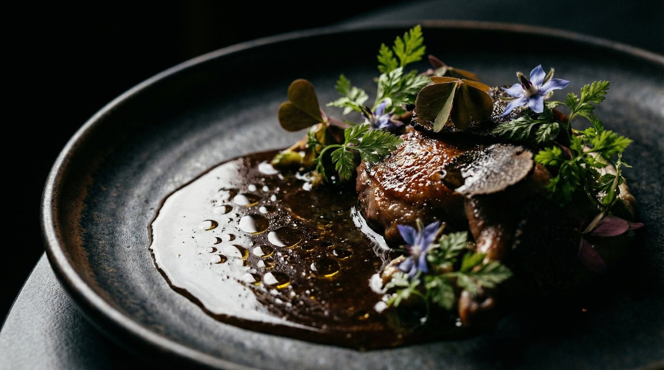 Plat gastronomique étoilé Michelin en clair-obscur