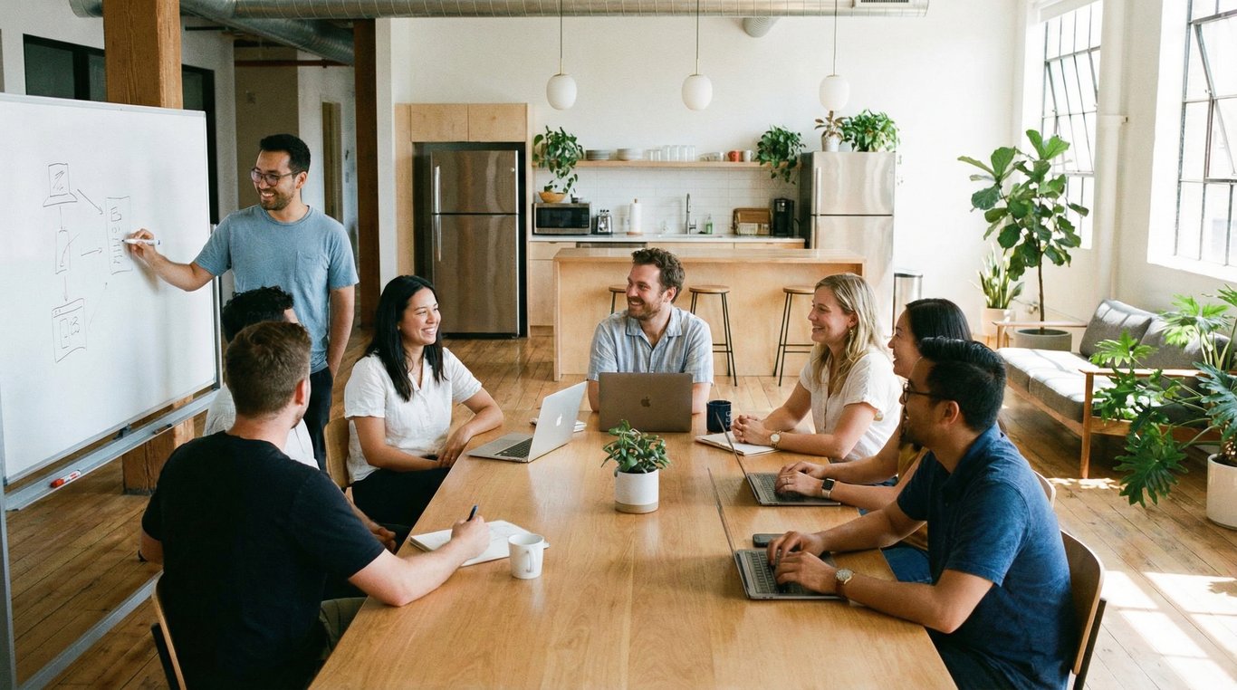 Portrait d'équipe corporate dans un hall d'entrée moderne, éclairage naturel, tenues d'affaires décontractées mais professionnelles