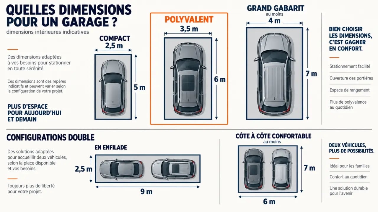 Infographie des dimensions standard garage pour une voiture, un SUV et deux véhicules