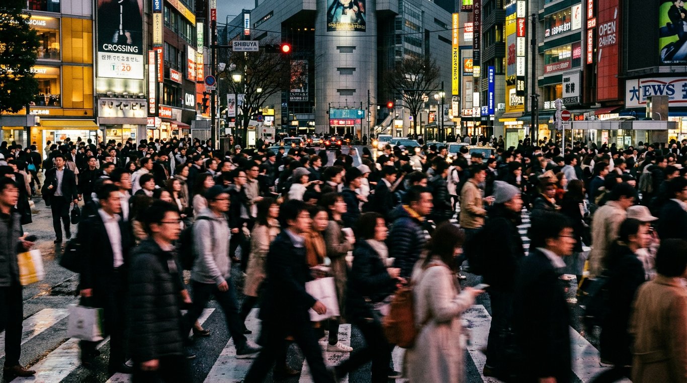 Foule urbaine dense en mouvement, symbolisant le flux d'information
