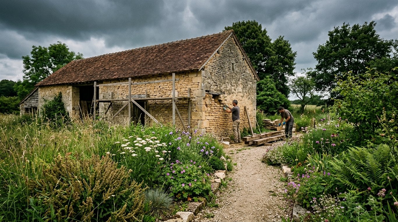 Jardin naturaliste avec herbes hautes au coucher du soleil