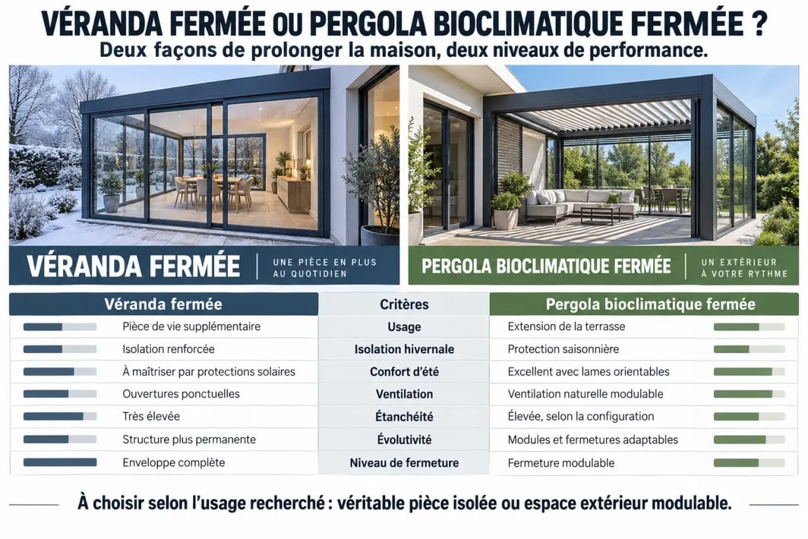 Infographie comparative d’une véranda bioclimatique fermée et d’une pergola bioclimatique fermée