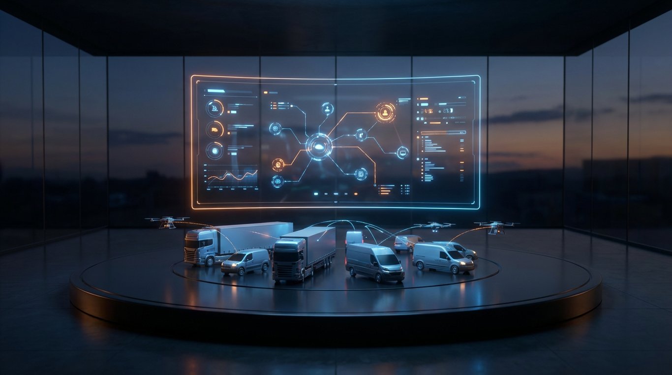 Interface utilisateur moderne d'un tableau de bord de gestion de véhicules avec des graphiques de performance lumineux, des jauges de carburant et une carte interactive affichant des trajets