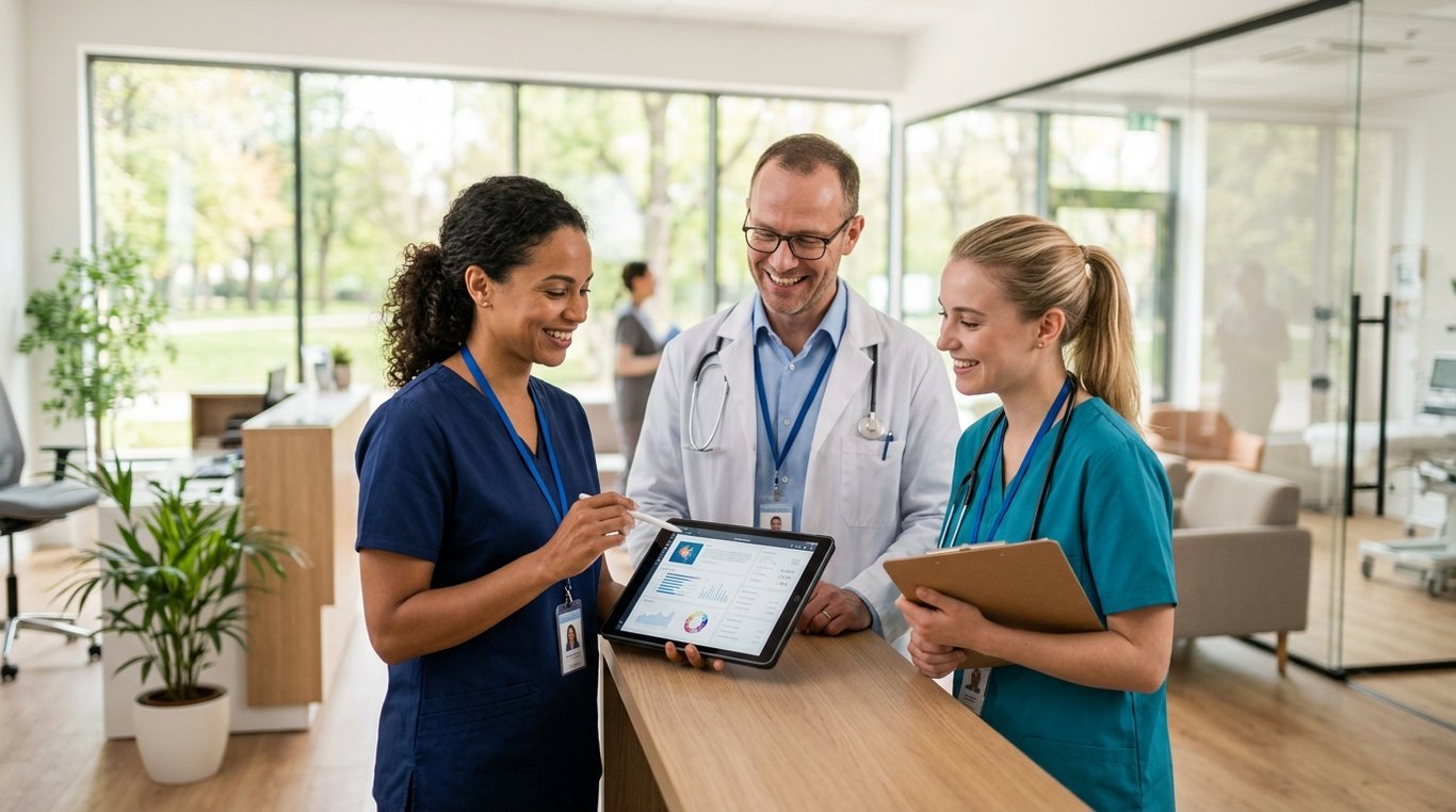 Équipe médicale souriante discutant autour d'une tablette