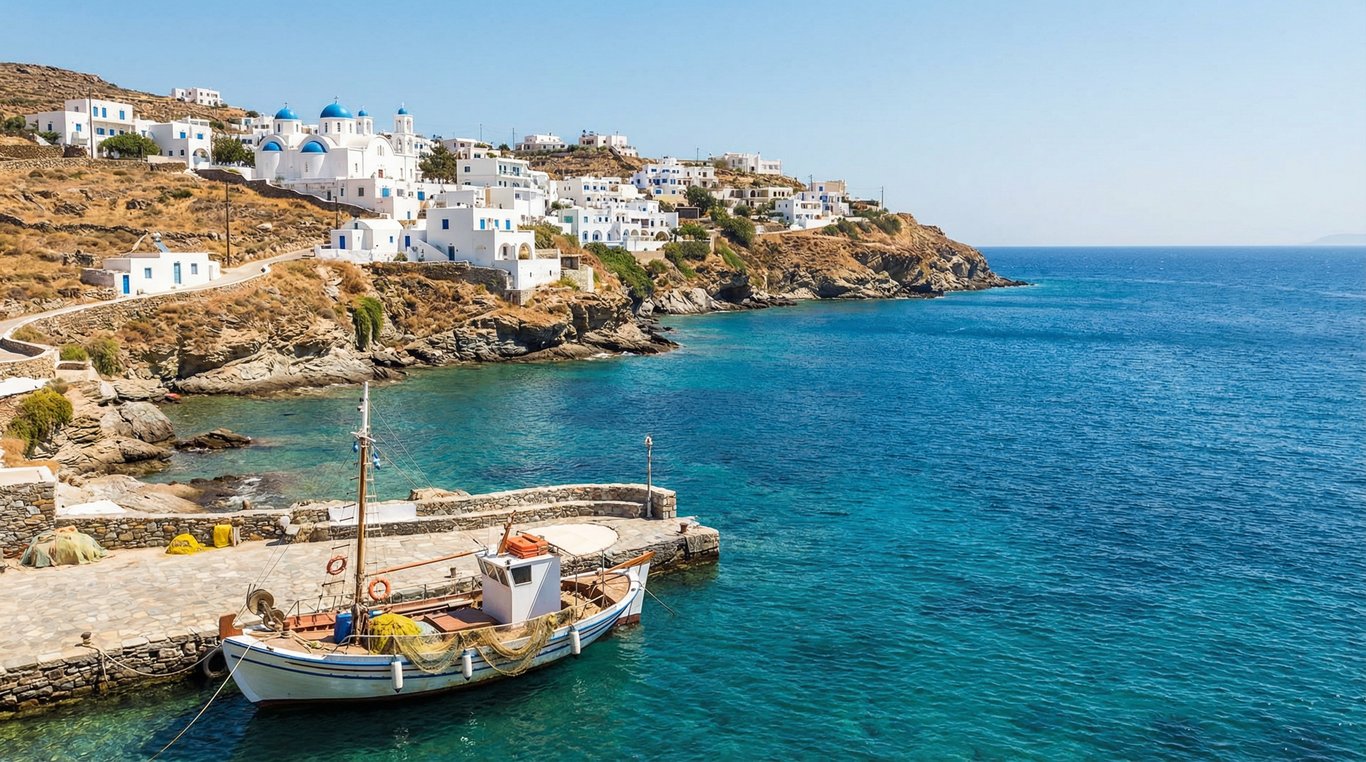 Maisons blanches et toits bleus typiques des Cyclades sur fond de mer Égée