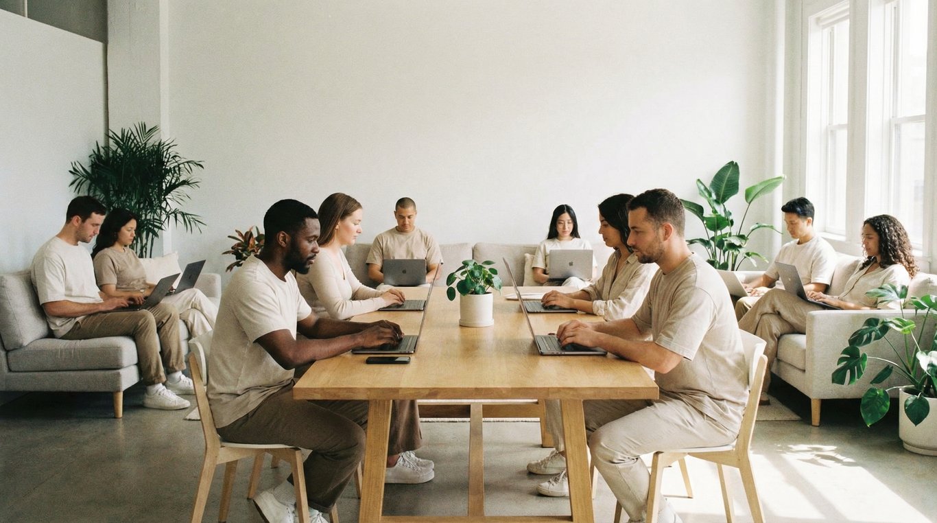 Portrait d'équipe corporate en plan large dans un hall moderne, ambiance professionnelle et confiante, lumière naturelle.