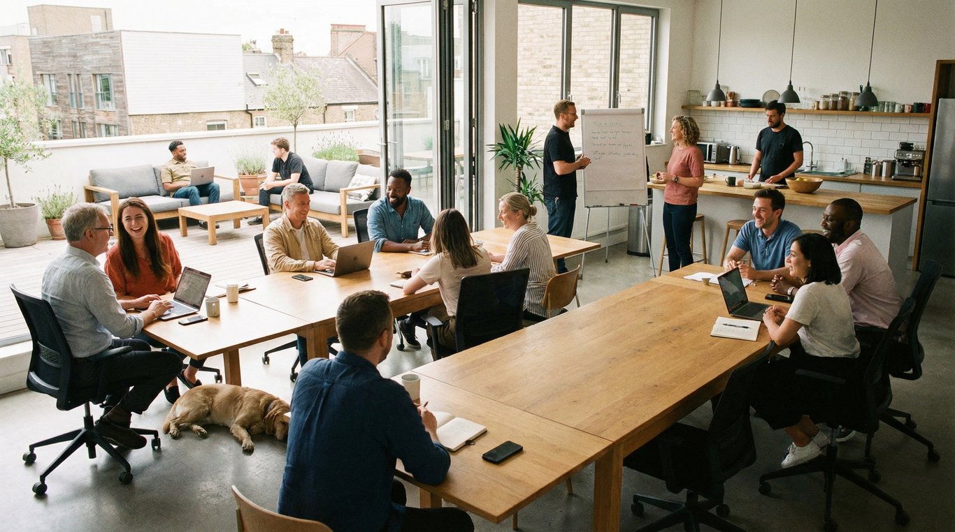 Portrait d'équipe décontracté dans une serre lumineuse, entourés de plantes suspendues