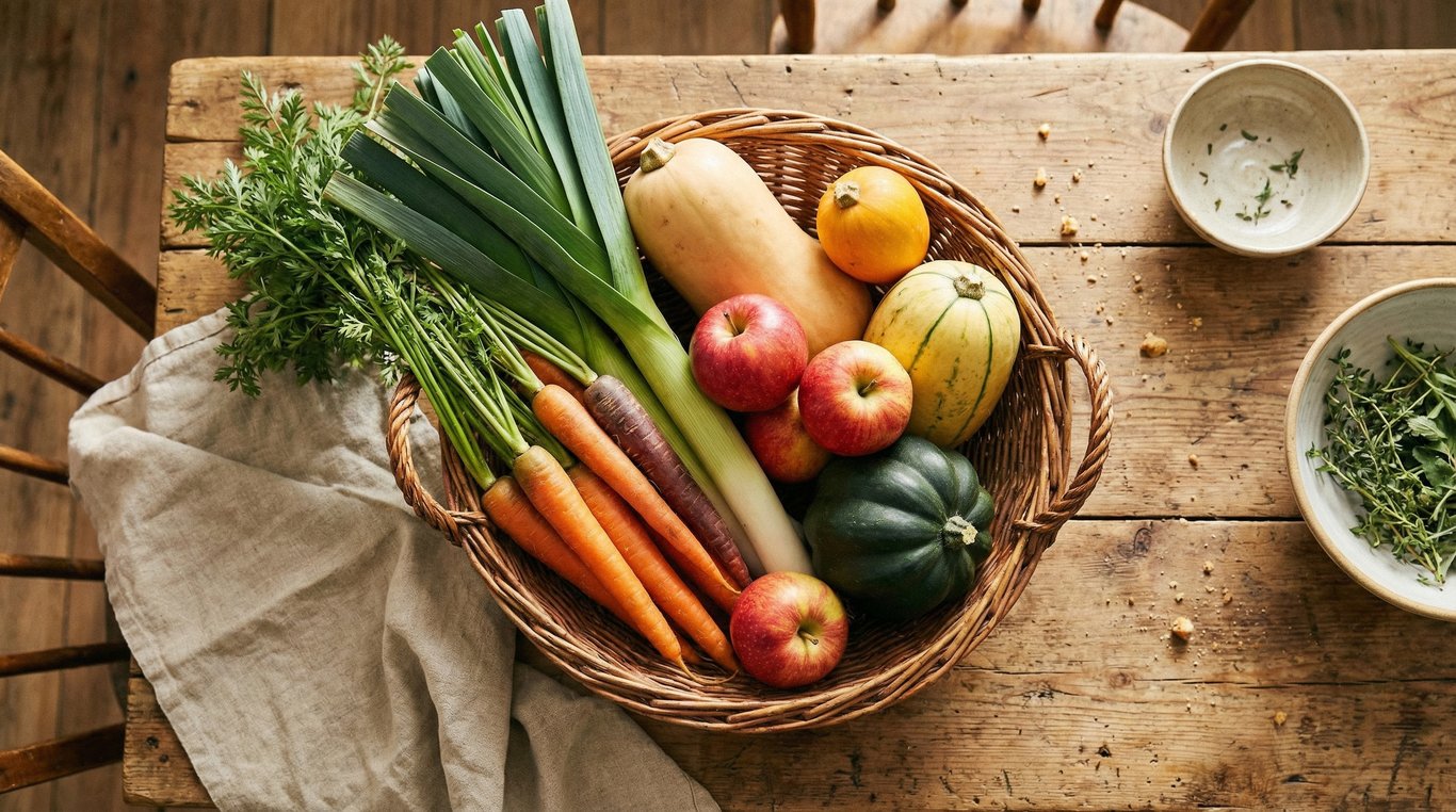 Panier en osier rempli de légumes frais de saison sur une table en bois