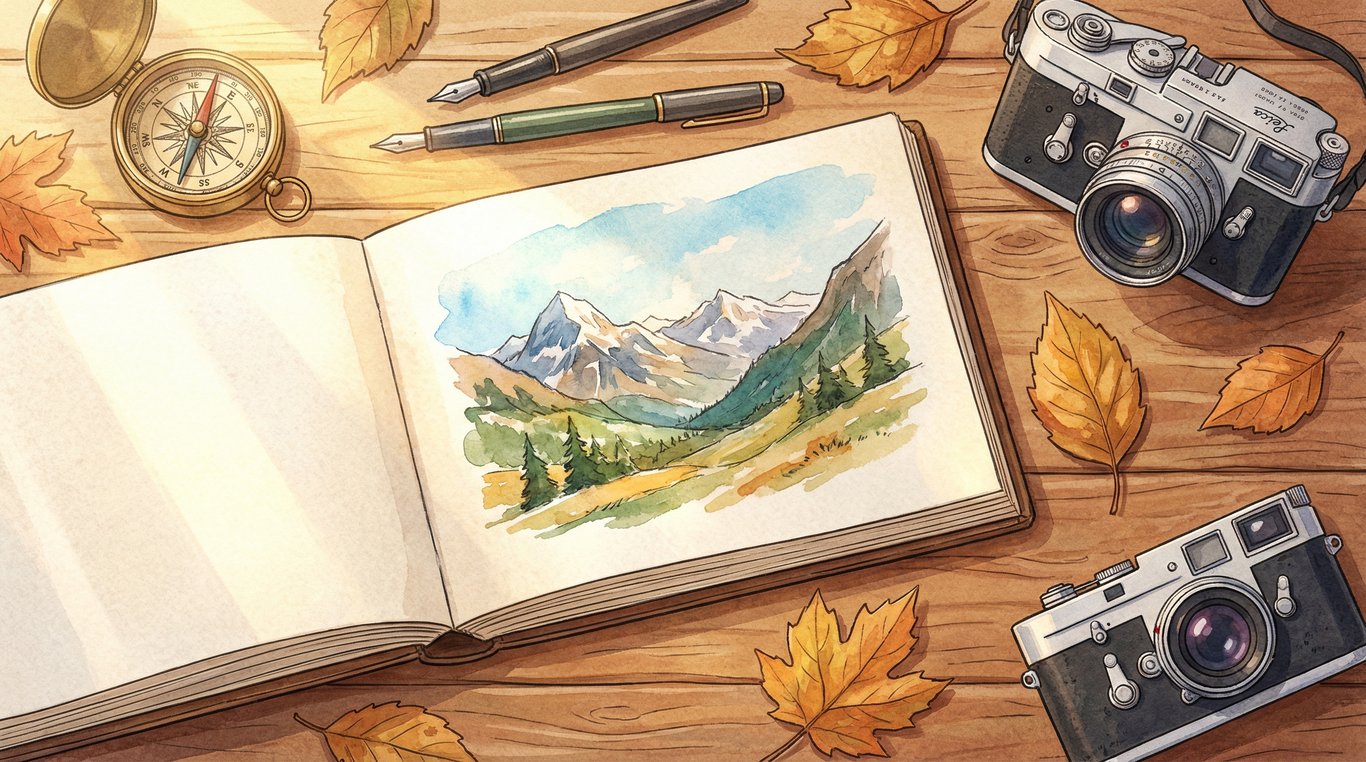 Vue de dessus d'un bureau de voyageur avec carnet de croquis ouvert, boussole et aquarelles