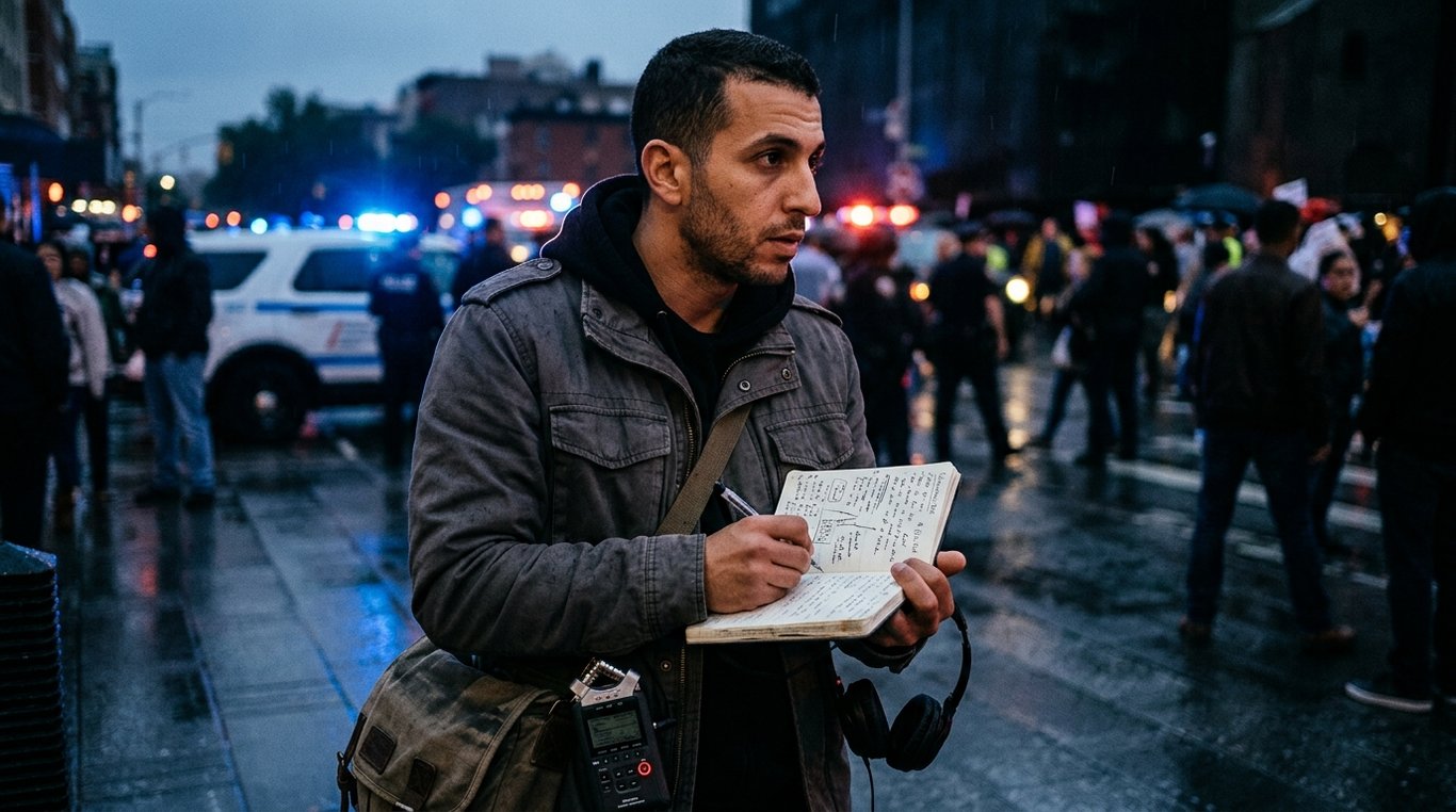 Portrait noir et blanc d’Ilyes Benali, journaliste de terrain.