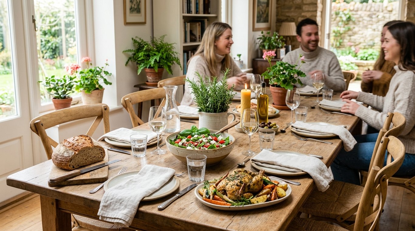 Chef souriant servant un plat fumant sur une belle table familiale