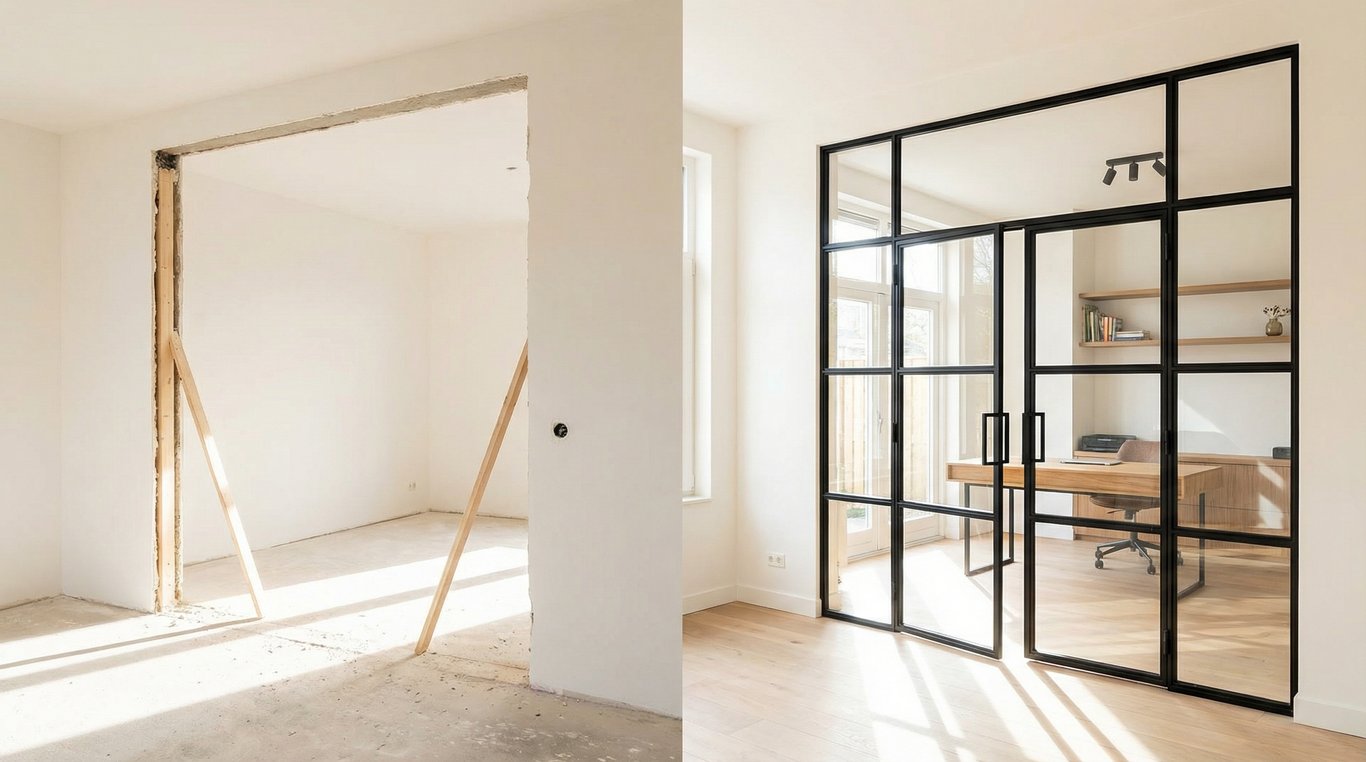 Photo après : verrière moderne en acier noir avec bois clair et verre phonique