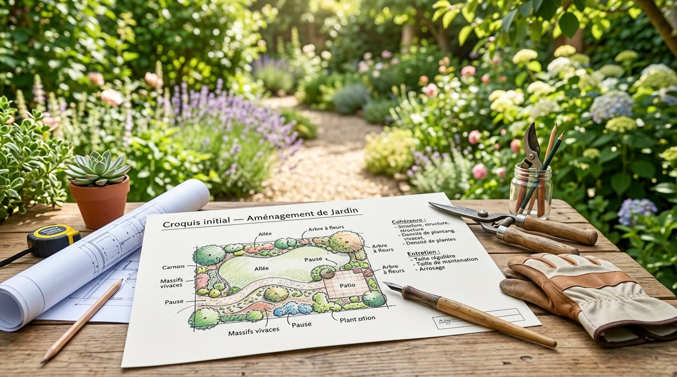 Jardin urbain verdoyant avec chemin minéral et plantations structurées