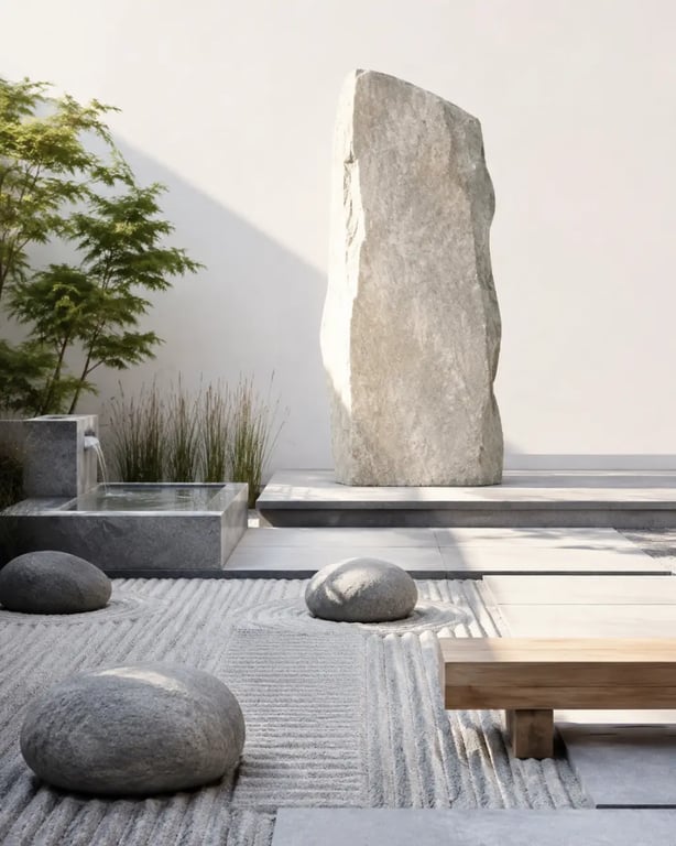 Décoration de jardin originale dans un jardin zen avec fontaine, pierres et bois