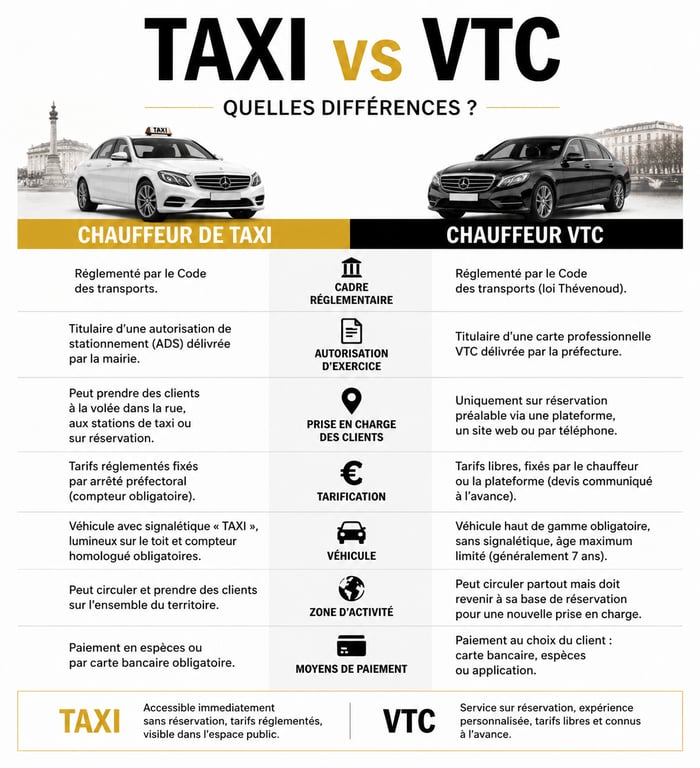 Comparatif des différences entre chauffeur de taxi et chauffeur VTC pour le permis taxi