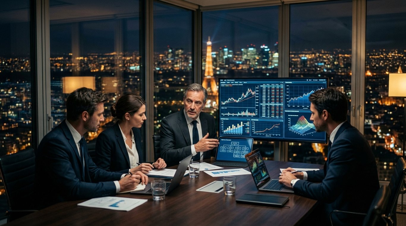 Mise en perspective dramatique des expertises en ingénierie financière, symbolisant la croissance et la stabilité.