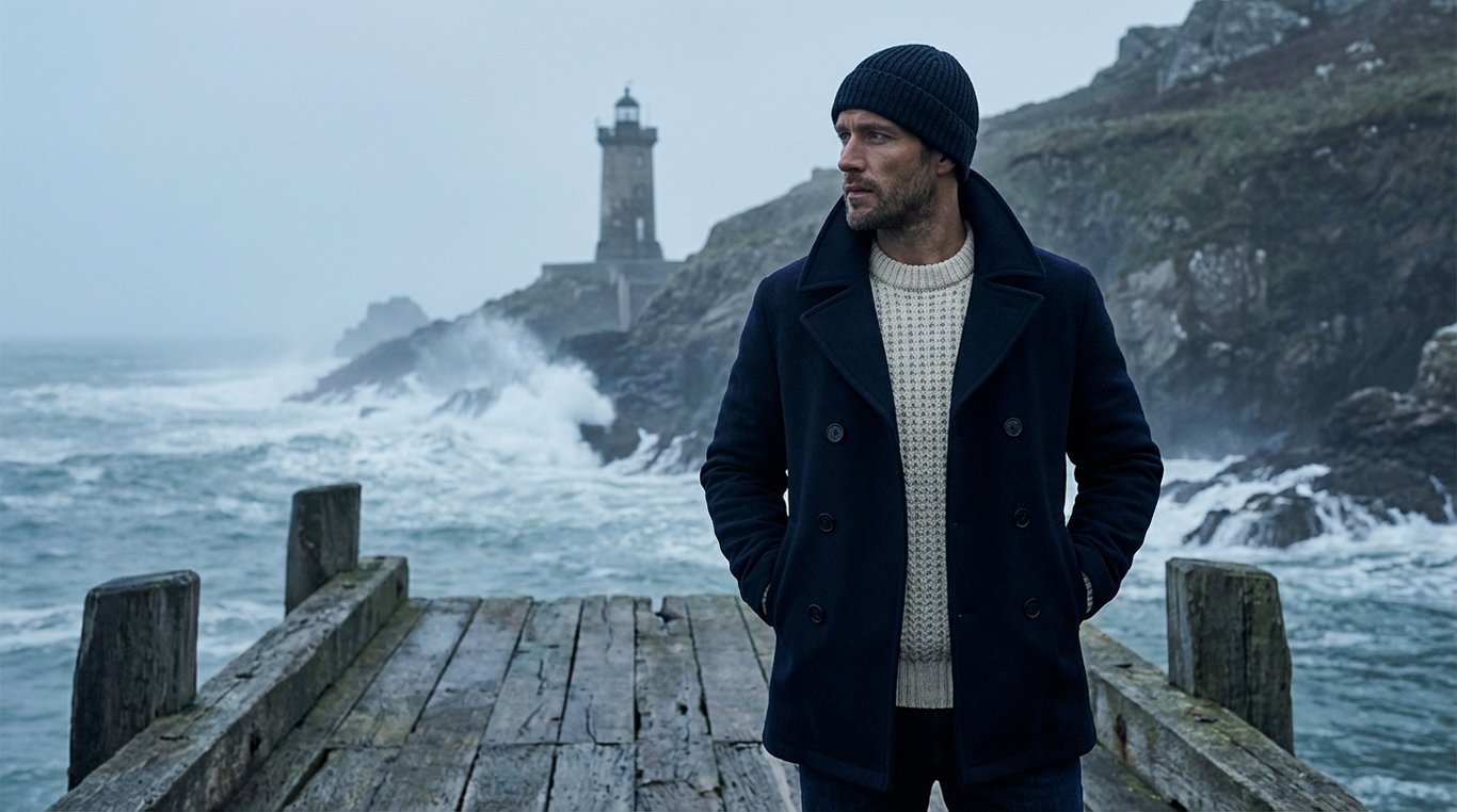 Vêtements de la collection Le Marin : cabans, pulls en laine et bonnets marins