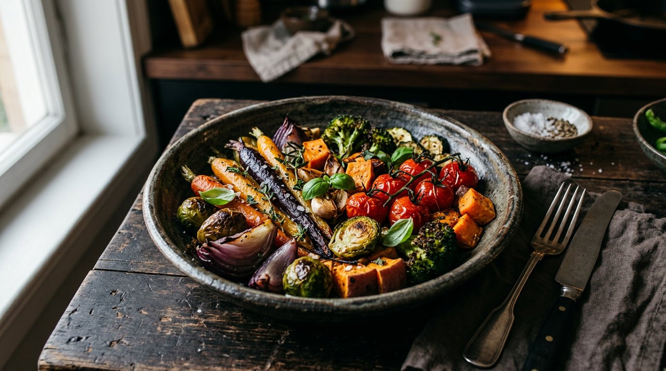 Plat gastronomique coloré avec légumes rôtis et herbes fraîches