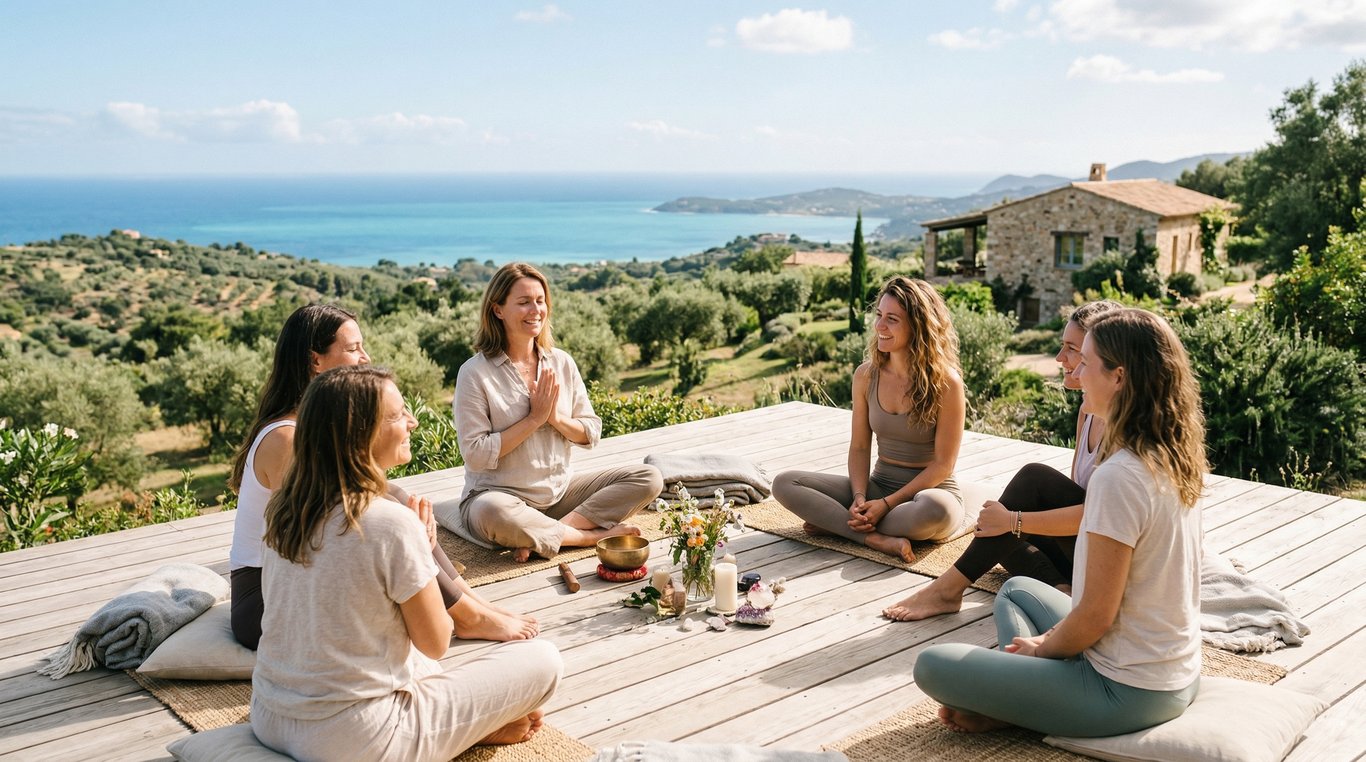 Groupe pratiquant le yoga en plein air au lever du soleil