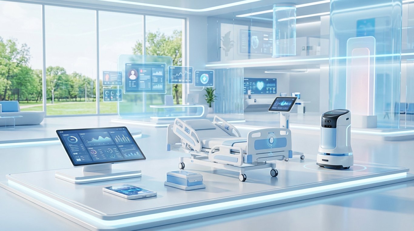 Un médecin et une infirmière discutant dans un couloir d'hôpital propre avec une unité Neoviro intégrée au mur